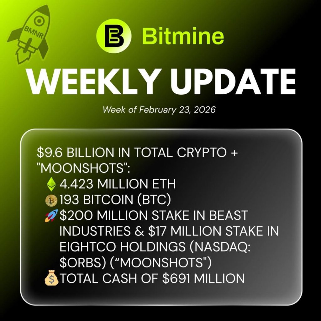 Bitmine Immersion Technologies (BMNR) Announces ETH Holdings Reach 4.423 Million Tokens, And Total Crypto And Total Cash Holdings Of $9.6 Billion Bitmine Immersion Technologies (BMNR) Announces ETH Holdings Reach 4.423 Million Tokens, And Total Crypto And Total Cash Holdings Of $9.6 Billion
