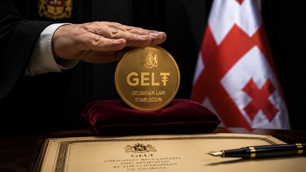 Tether’s Georgia stablecoin plan moves early on national payment rails GEL₮ Georgian lari stablecoin displayed with official ceremony setting and Georgian flag symbolizing Tether-backed national payment rail expansion in Georgia