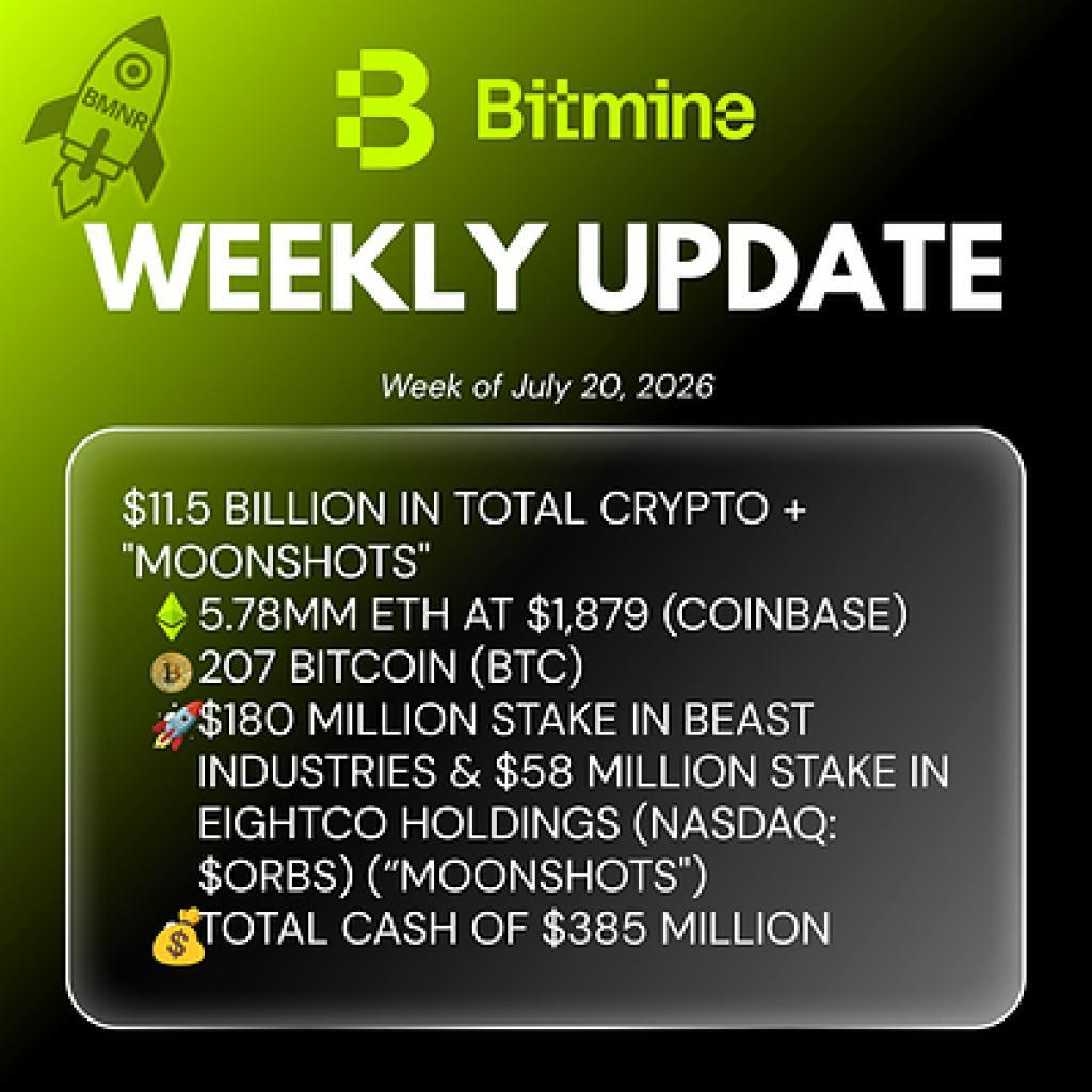 Bitmine Immersion Technologies (BMNR) Announces ETH Holdings Reach 5.78 Million Tokens, And Total Crypto And Total Cash Holdings Of $11.5 Billion Bitmine Immersion Technologies (BMNR) Announces ETH Holdings Reach 5.78 Million Tokens, And Total Crypto And Total Cash Holdings Of $11.5 Billion