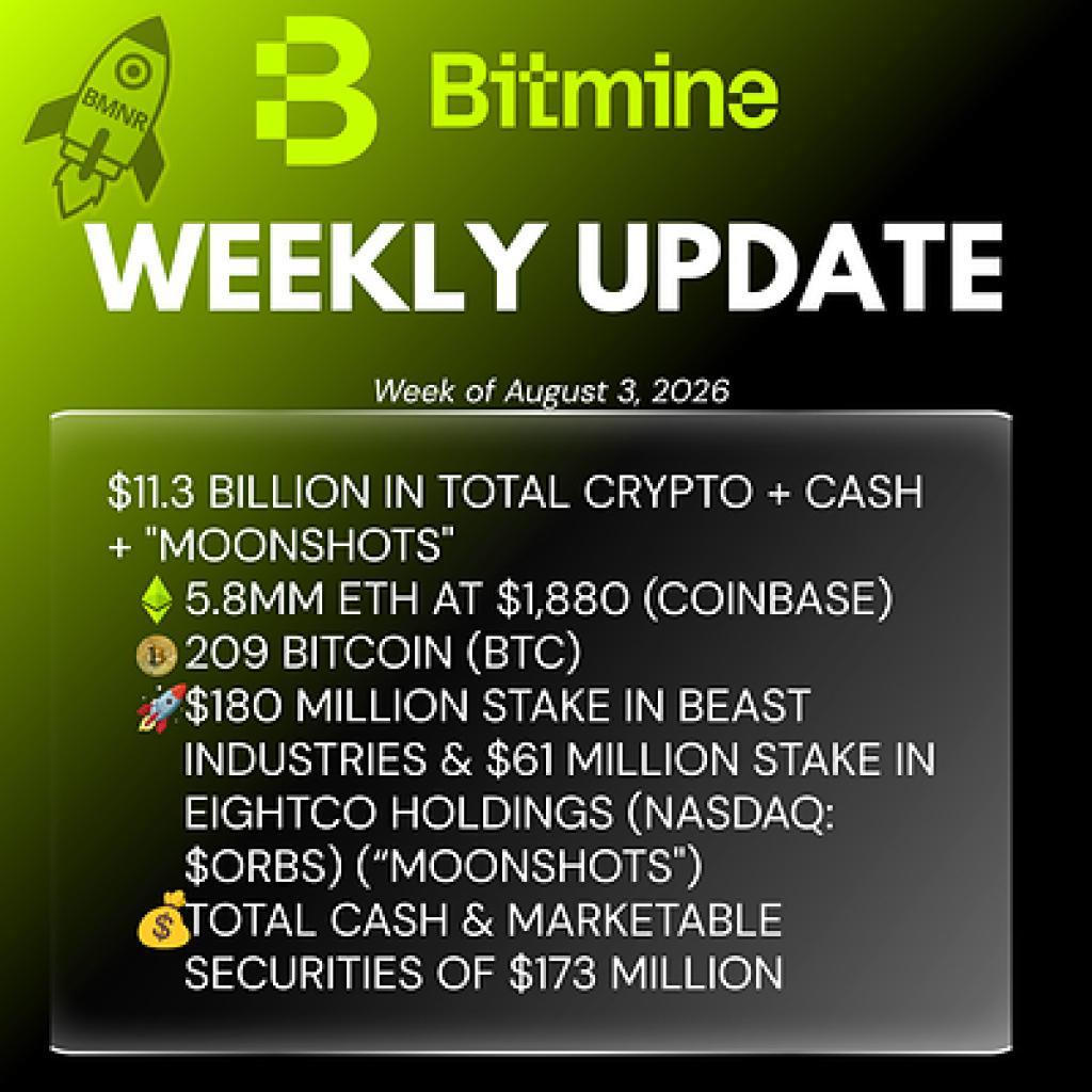 Bitmine Immersion Technologies (BMNR) Announces ETH Holdings Reach 5.8 Million Tokens, and Total Crypto and Total Cash Holdings of $11.3 Billion Bitmine Immersion Technologies (BMNR) Announces ETH Holdings Reach 5.8 Million Tokens, and Total Crypto and Total Cash Holdings of $11.3 Billion